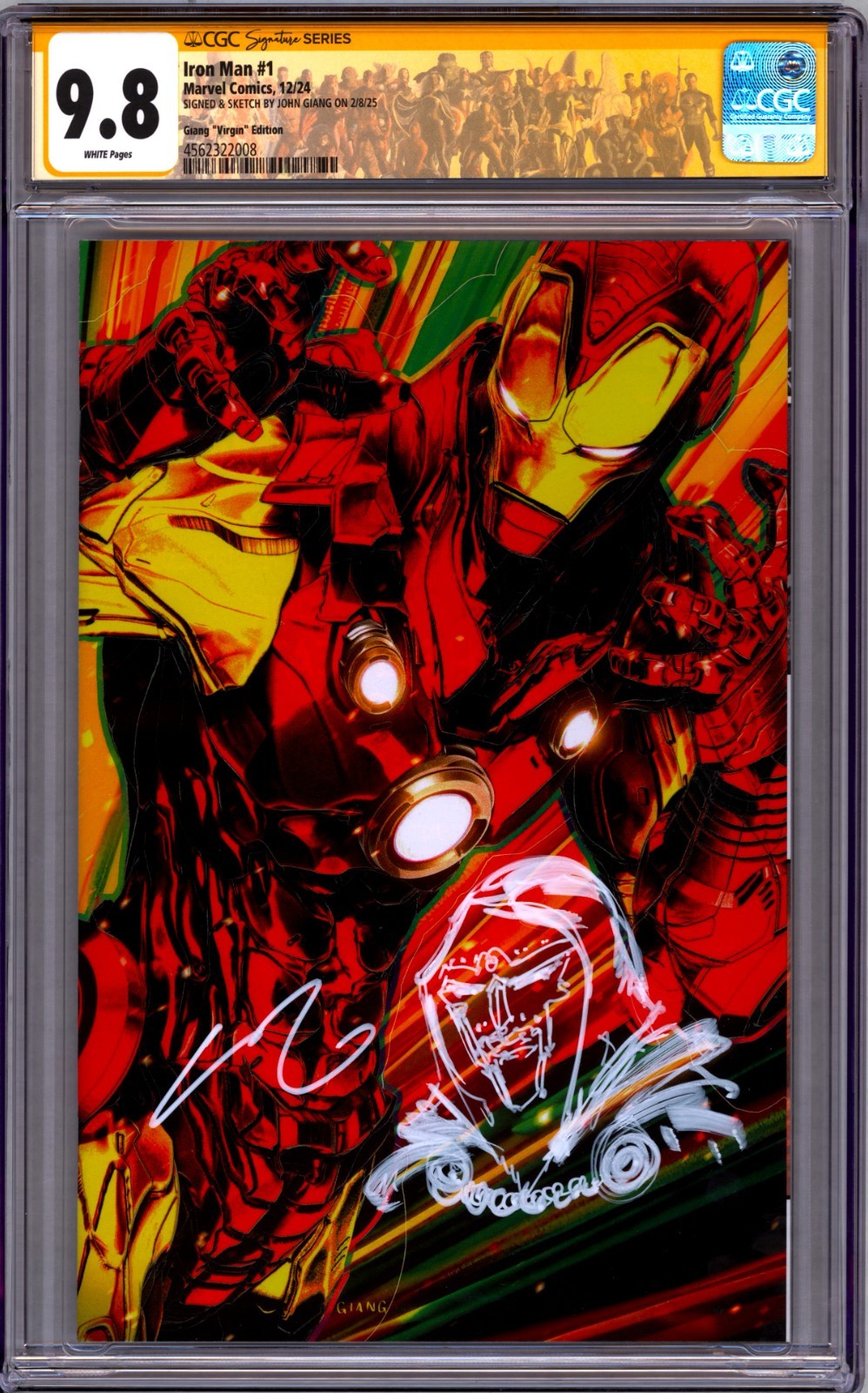 IRON MAN #1 VIRGIN CGC 9.8 SS SIGNED AND REMARKED BY JOHN GIANG CUSTOM LABEL