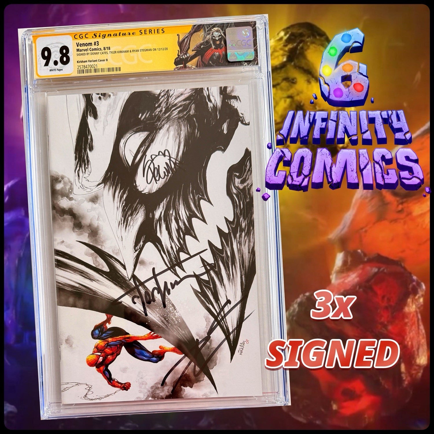 Venom #3 SS 3x CGC 9.8 B&W VIRGIN signed Stegman, Cates & Kirkham πΈοΈ1st Knull