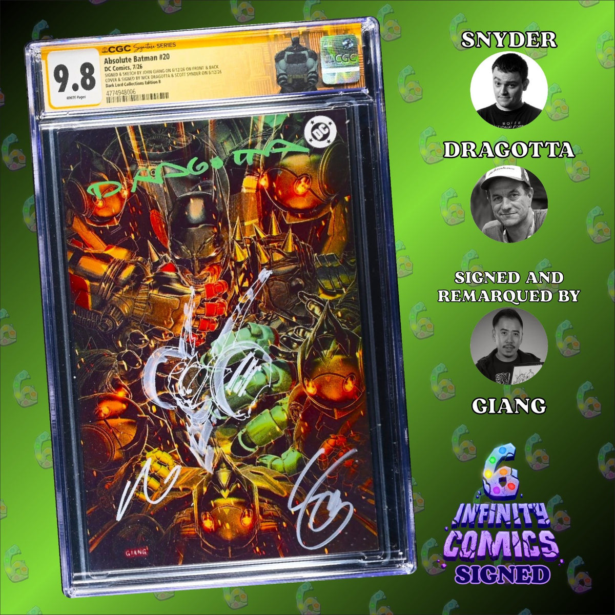 ABSOLUTE BATMAN 20 SS CGC 9.8🔥 VIRGIN GIANG REMARK 3 SIGNED DRAGOTTASNYDERGIANG