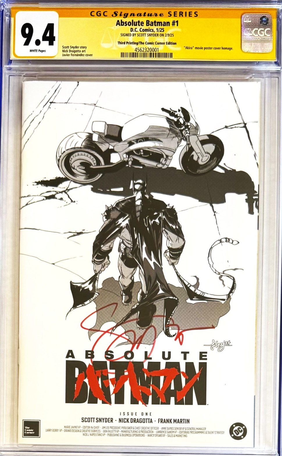 ABSOLUTE BATMAN 1 CGC 9.4🔥FERNANDEZ SIGNED SCOTT SNYDER 3RD PRINT AKIRA HOMAGE