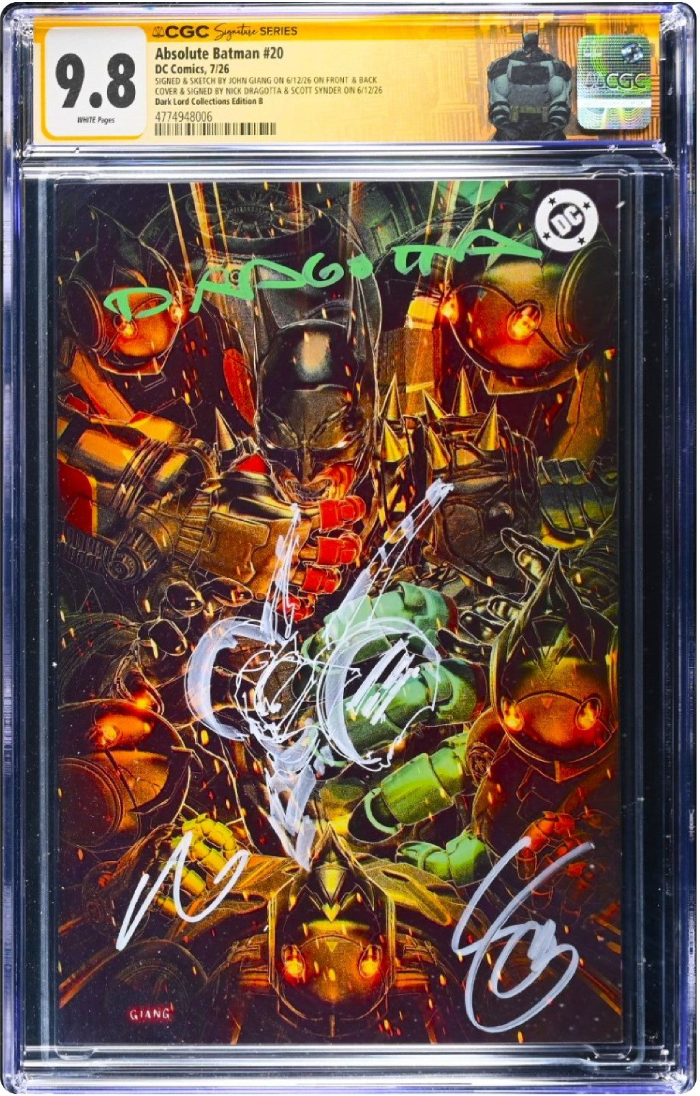 ABSOLUTE BATMAN 20 SS CGC 9.8🔥 VIRGIN GIANG REMARK 3 SIGNED DRAGOTTASNYDERGIANG