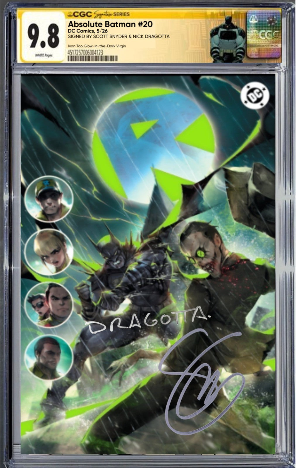 ABSOLUTE BATMAN 20 SS CGC 9.8🔥TAO GLOW-IN-THE-DARK 2x SIGNED BY SNYDER DRAGOTTA
