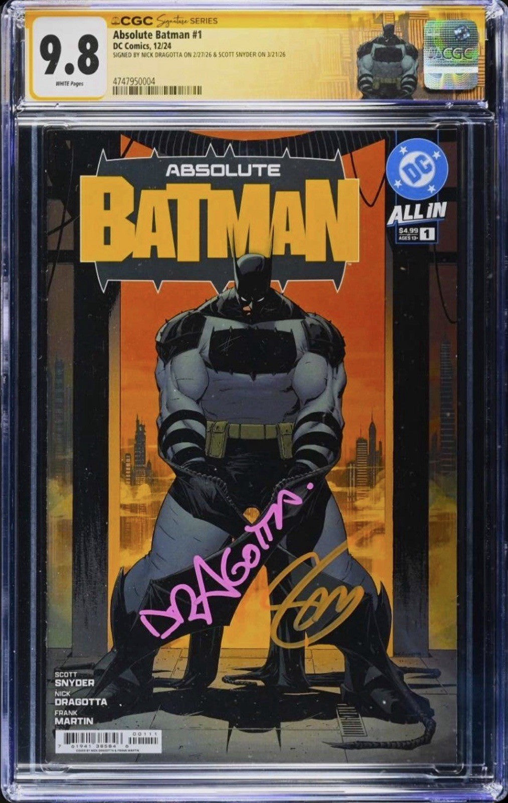 ABSOLUTE BATMAN #1 SS CGC 9.8 🔥 1ST PTG COVER A SIGNED BY DRAGOTTA & SNYDER