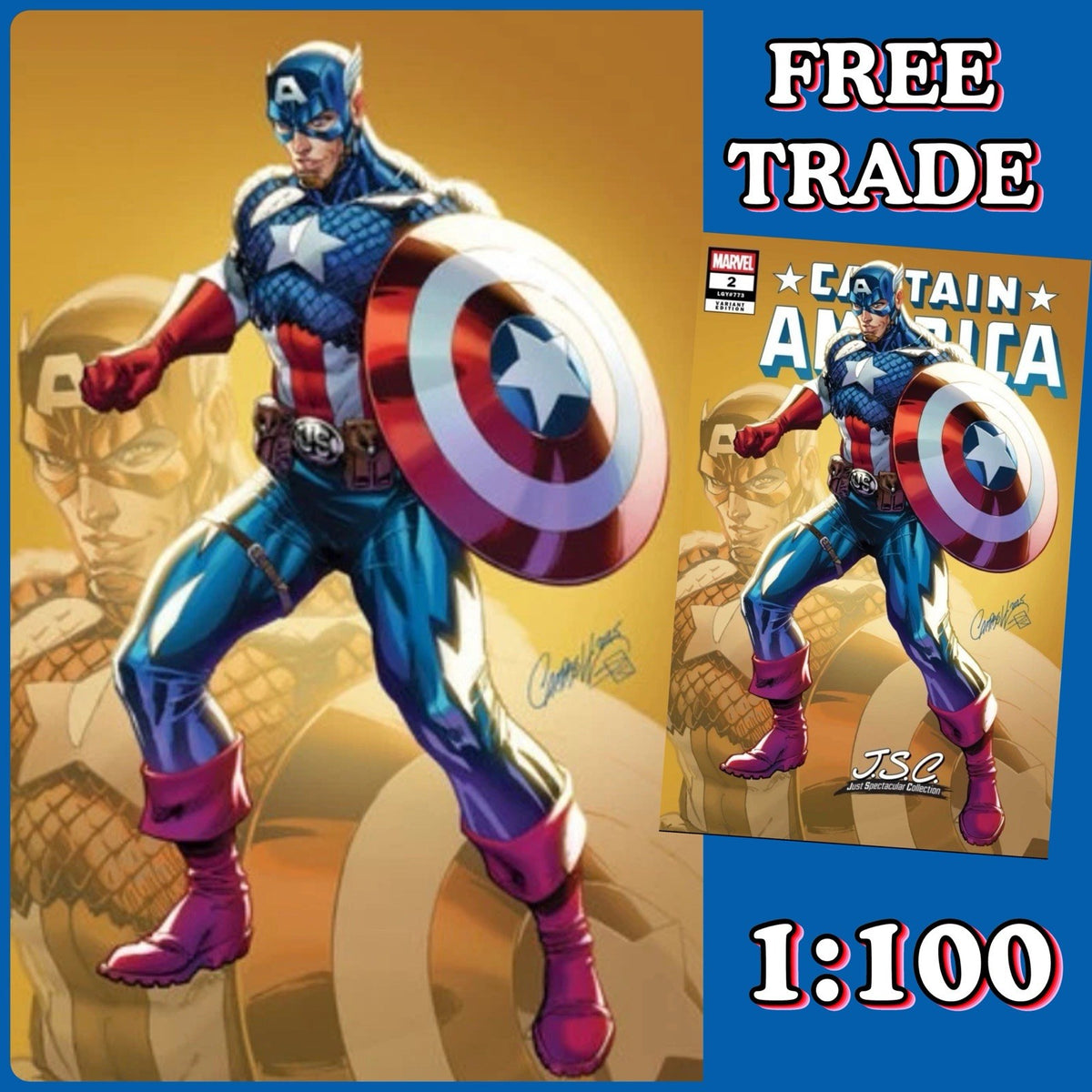 CAPTAIN AMERICA #2 JSC 1:100 J SCOTT CAMPBELL VIRGIN VARIANT 🔥 TOPLOADER