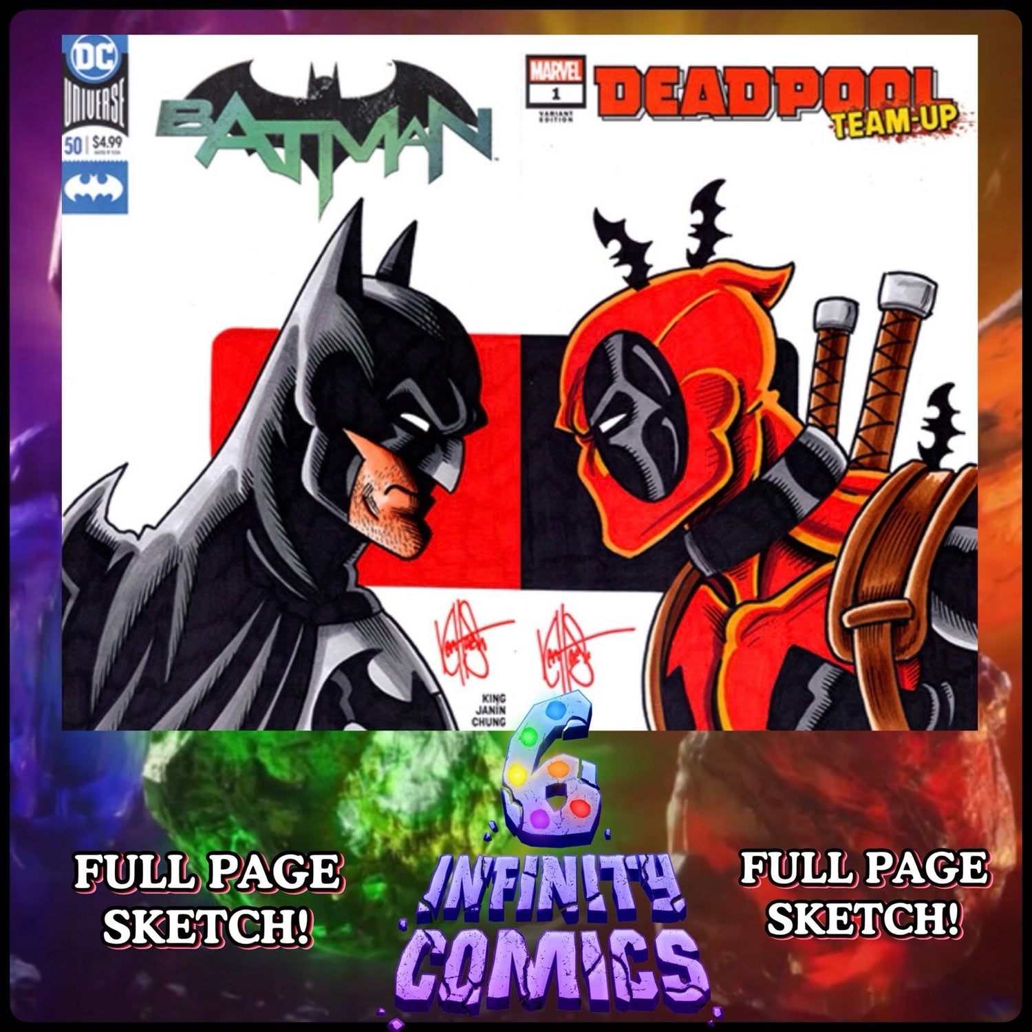 MARVEL/DC Deadpool Batman Commissioned Cover Art Sketch Signed- remarked! COA!