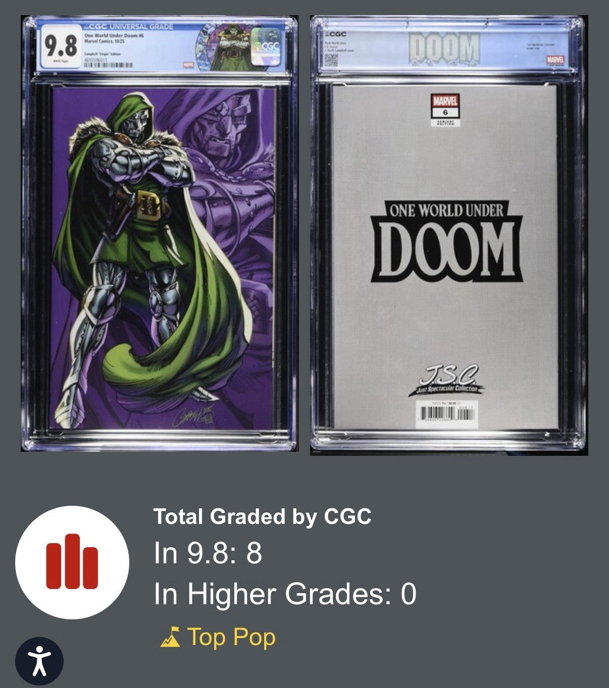 ONE WORLD UNDER DOOM 6 CGC 9.8 🔥 1:100 JS CAMPBELL JUST SPECTACULAR COLLECTION