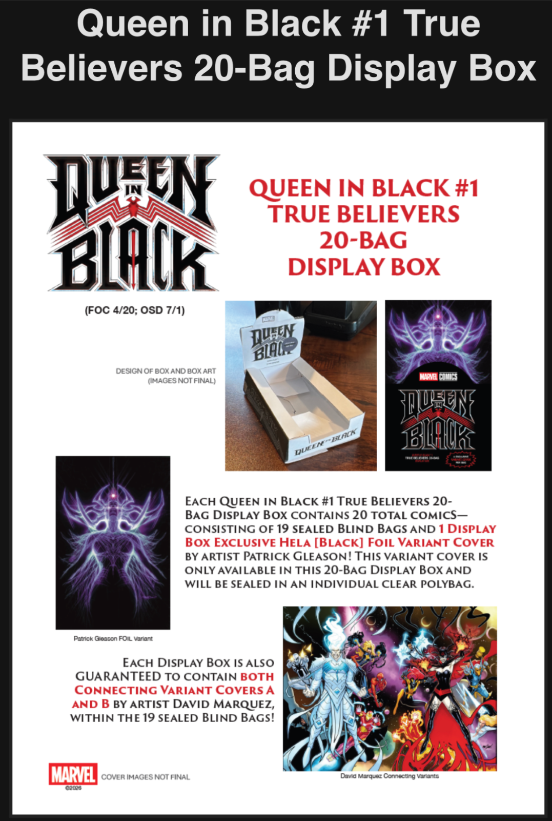 [20 PACK] QUEEN IN BLACK #1 🔥 TRUE BELIEVERS 20-BAG DISPLAY BOX PRESELL 7/1